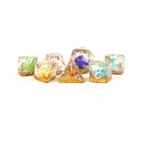 MDG 16mm Resin Polyhedral Dice Set: Infused Rainbow Dinosaur Dice