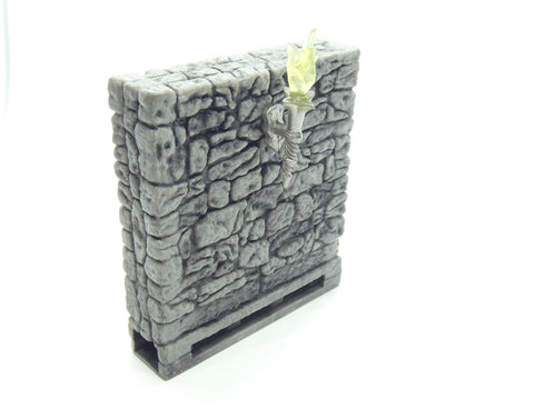 Wizkids 4D WarLock Tiles - Dungeon Full Height Walls set - 2” Stone Full Height Straight Walls with Accessory Port - Torch