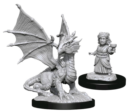 D&D Nolzur's Marvelous Miniatures - Silver Dragon Wyrmling & Female Halfling - Unpainted
